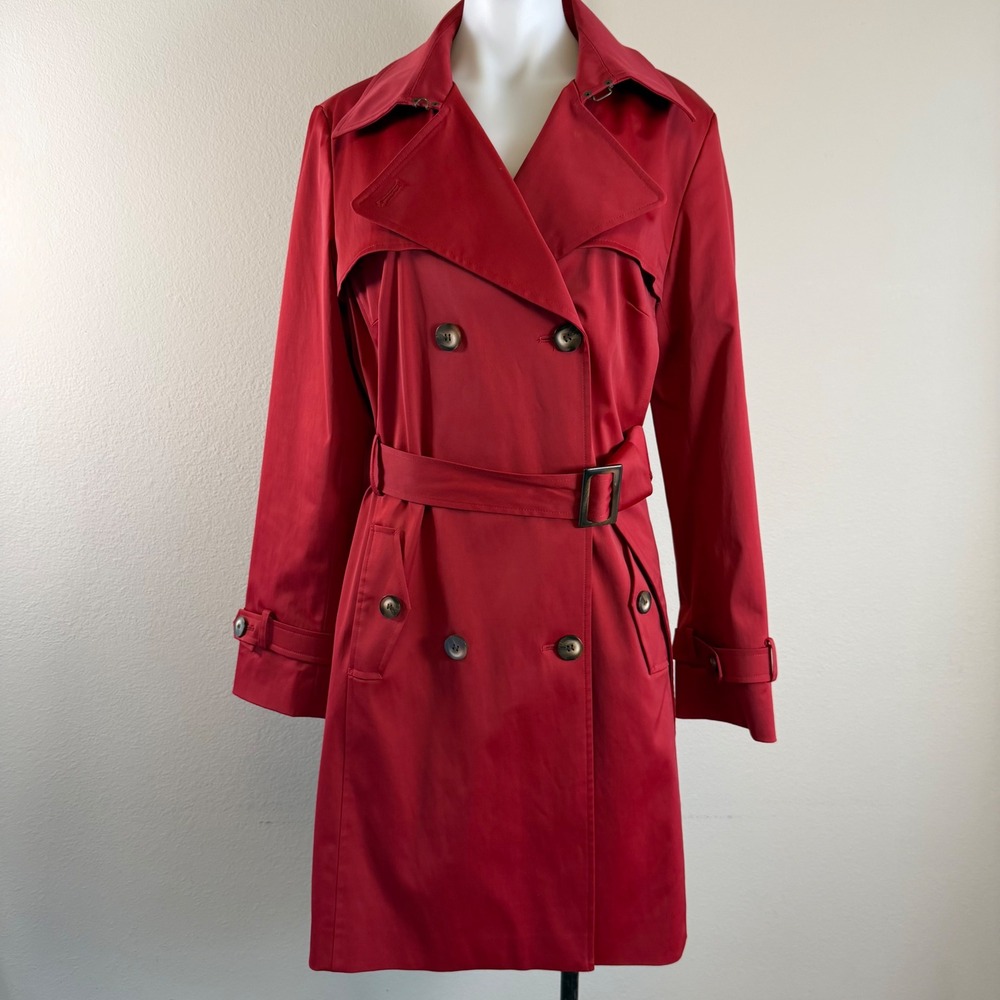 Talbots Red Trench Coat Size 14 Belted Double Breasted Stretch Classic Jacket